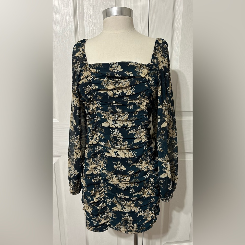 LUSH Teal/Cream Floral Mini Dress Square Neck Ruched NWT Size S